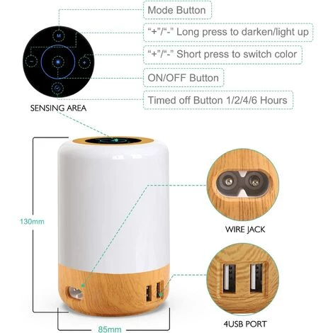 PESCE Lampe De Chevet USB Tactile, 4 Prises USB, Lampe Chambre Bois Pour Adultes, Lampe De Table Connectée Veilleuse Couleur RGB Pour Enfant, Minuterie éteinte (EU Plug) 5 PESCE Lampe De Chevet USB Tactile, 4 Prises USB, Lampe Chambre Bois Pour Adultes, Lampe De Table Connectée Veilleuse Couleur RGB Pour Enfant, Minuterie éteinte (EU Plug) – Image 5