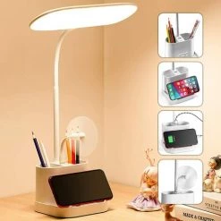 PREMIER Lampe De Bureau LED Bureau, Port De Charge USB Lampes De Table Pour Chambre, 2 Porte-Stylos Lampe De Lecture, 3 Modes Dimmable Lampe De Bureau, Lampe Tactile à Batterie Pour Bureau D'étude Accessoires Accessoires De Bureau à Domicile Blanc