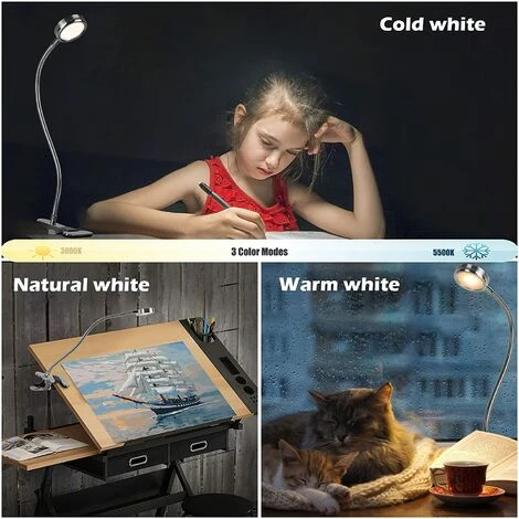 FUHUIDATRADING Lampe-Clip Lampe De Bureau à LED à Pince De Lecture Table Lit Avec L‘Adapteur Luminosité Réglage Soin Des Yeux Pour Le Bureau Et Le Domicile Flexible à 360° Argent 2 FUHUIDATRADING Lampe-Clip Lampe De Bureau à LED à Pince De Lecture Table Lit Avec L‘Adapteur Luminosité Réglage Soin Des Yeux Pour Le Bureau Et Le Domicile Flexible à 360° Argent – Image 2