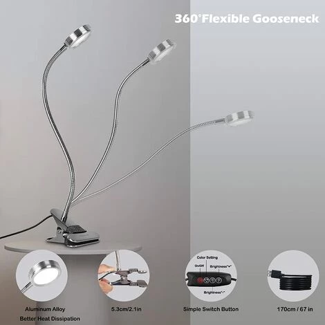 FUHUIDATRADING Lampe-Clip Lampe De Bureau à LED à Pince De Lecture Table Lit Avec L‘Adapteur Luminosité Réglage Soin Des Yeux Pour Le Bureau Et Le Domicile Flexible à 360° Argent 4 FUHUIDATRADING Lampe-Clip Lampe De Bureau à LED à Pince De Lecture Table Lit Avec L‘Adapteur Luminosité Réglage Soin Des Yeux Pour Le Bureau Et Le Domicile Flexible à 360° Argent – Image 4