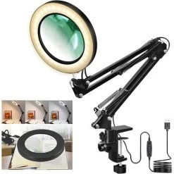 FUHUIDATRADING Lampe De Bureau LED Grossissante 10X u2013 3 Couleurs Lumineuses 10 Luminosités à Intensité Variable u2013 Loupe Alimentée Par USB Avec Bras Pivotant Réglable Et Pince De Serrage Pour Travaux Manuelsu2026