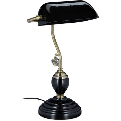 Relaxdays Lampe De Banquier, Abat-jour En Verre Inclinable, Pied En Bois, Bureau, Bibliothèque, E27, Rétro, Noir 2 Relaxdays Lampe De Banquier, Abat-jour En Verre Inclinable, Pied En Bois, Bureau, Bibliothèque, E27, Rétro, Noir – Image 2