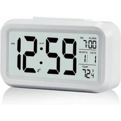 FOZIY Réveil Digital Réveil Matin, Horloge Numérique Réveil à Pile Silencieux Pour Enfants Adultes Grand écran LED Température Calendrier(Blanc)，Fonepro
