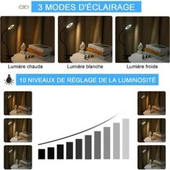 YIENJAOY 48LED Lampe De Bureau Avec Clip Lumineux ，3 Modes D’éclairage Et 10 Niveaux De Luminosité Lampe Pince De Lecture Pour Livre,Idéal Pour L'étude Et La Lecture -Lampe Soldes Boutique 65809369 3