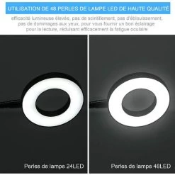 YIENJAOY 48LED Lampe De Bureau Avec Clip Lumineux ，3 Modes D’éclairage Et 10 Niveaux De Luminosité Lampe Pince De Lecture Pour Livre,Idéal Pour L'étude Et La Lecture -Lampe Soldes Boutique 65809369 5