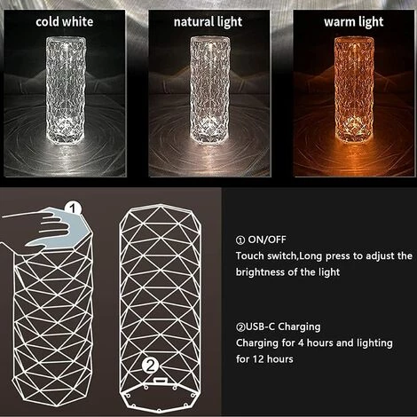 AOUGO Lampe De Table Crystal Diamond, Lampes De Chevet Avec Contrôle Tactile, 3 Couleurs D'éclairage Réglables Par USB Rechargeable, Lampe De Nuit Décorative En Cristal Pour Chambre, Salon, Bureau Et Bureau 3 AOUGO Lampe De Table Crystal Diamond, Lampes De Chevet Avec Contrôle Tactile, 3 Couleurs D'éclairage Réglables Par USB Rechargeable, Lampe De Nuit Décorative En Cristal Pour Chambre, Salon, Bureau Et Bureau – Image 3