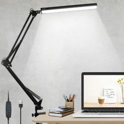 OCXIN Lampe De Bureau LED, Lampe De Bureau 10W Pince Lampe D'architecte Bras Pivotant Lampe De Travail Lampe à Pince Dimmable 3 Couleurs 10 Luminosité Lampe De Table De Protection Des Yeux USB Pour Bureau Apprendre à Lire