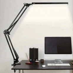 LLOVE Lampe De Bureau LED, 10W Lampe De Table Architecte Pliable Avec Clamp, Bras Pivotant En Métal,Atténuation Et Température De Couleur Réglable (Noir)
