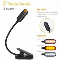 LLOVE Lampe De Lecture 9 LED Liseuse Lampe Clip Rechargeable 9 Modes De Luminosité Et 3 Température De Couleur, 360°Cou Flexible Lampe Pince Pour Lit, Livre, Mini Veilleuse Pour Nuit Et Lampe De Chevet
