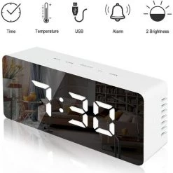 QERSTA Reveil Pile Réveil électronique Avec Miroir Maquillage, Affichage Date, Température, Réveil Enfant Snooze, Mode En Veille, Luminosité Réglable, Alimenté Par Batterie(Nouvelle Version)