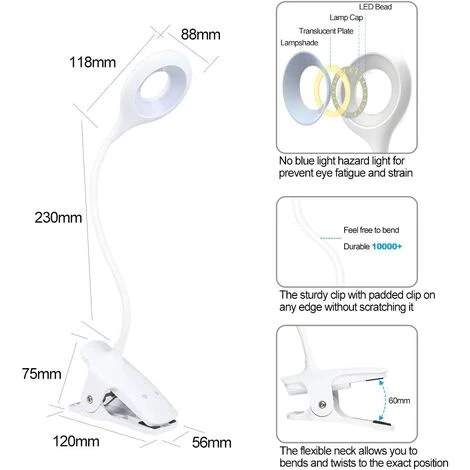 LLOVE 24 LED Lampe De Lecture, 9 Réglages Différents Eye Protect Lampe à Pince Pour Livre, Lampe De Lecture Rechargeable USB, Lampe De Bureau à Pince à Commande Tactile 2 LLOVE 24 LED Lampe De Lecture, 9 Réglages Différents Eye Protect Lampe à Pince Pour Livre, Lampe De Lecture Rechargeable USB, Lampe De Bureau à Pince à Commande Tactile – Image 2