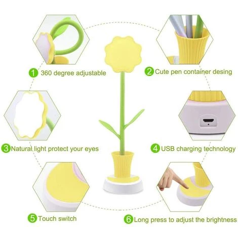LLOVE Lampe De Bureau Pour Enfants ,Lampe De Bureau Rechargeable Créative LED Protection Des Yeux Lampe De Table à Capteur Tactile Lampe De Chevet à Intensité Variable Avec Porte-stylo (Jaune) 3 LLOVE Lampe De Bureau Pour Enfants ,Lampe De Bureau Rechargeable Créative LED Protection Des Yeux Lampe De Table à Capteur Tactile Lampe De Chevet à Intensité Variable Avec Porte-stylo (Jaune) – Image 3