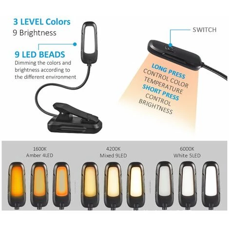 LLOVE Lampe De Lecture Liseuse Lampe Pour Livre,USB Rechargeable Lampe Lecture 9 LED Con 3 Modes De Luminosité Et 3 Température De Couleur,360°Cou Flexible Lampe Pince Veilleuse Pour Lit,Chevet,Nuit 5 LLOVE Lampe De Lecture Liseuse Lampe Pour Livre,USB Rechargeable Lampe Lecture 9 LED Con 3 Modes De Luminosité Et 3 Température De Couleur,360°Cou Flexible Lampe Pince Veilleuse Pour Lit,Chevet,Nuit – Image 5
