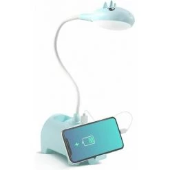 LLOVE Lampe De Bureau Enfant, Lampe De Bureau LED Tactile Dimmable 3 Niveaux De Luminosité Rechargeable Animal Desk Lamp Sans Fil , Porte-Stylo Et Support - Bleu