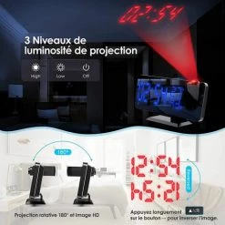QERSTA Reveil Projecteur Plafond, Radio Réveil Projection Plafond, Avec Ecran Miroir 7.5 Pouces, Température Port De USB, Double Réveil, 4 Luminosités Réglable, Réveil Numérique Pour La Chambre 7 QERSTA Reveil Projecteur Plafond, Radio Réveil Projection Plafond, Avec Ecran Miroir 7.5 Pouces, Température Port De USB, Double Réveil, 4 Luminosités Réglable, Réveil Numérique Pour La Chambre -Lampe Soldes Boutique 68762878 3