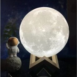 MONLY Lampe De Chevet Lampe Lune 3D Taille Standard Veilleuse Lune Lumière 3 LED Couleurs Avec Support En Bois & Télécommande/Tactile Et Rechargeable USB Diamètre 15 Cm - 15 Cm-3 Couleurs