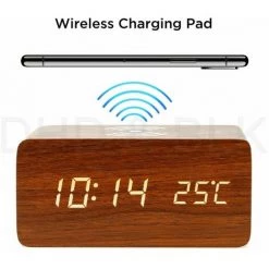 FUIENKO Réveil Numérique En Bois à LED, Avec Coussin De Charge Sans Fil, Compatible Avec Iphone Samsung, Fonction De Contrôle Du Son,Marron -Lampe Soldes Boutique 68801595 3