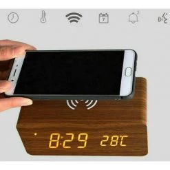 FUIENKO Réveil Numérique En Bois à LED, Avec Coussin De Charge Sans Fil, Compatible Avec Iphone Samsung, Fonction De Contrôle Du Son,Marron -Lampe Soldes Boutique 68801595 4