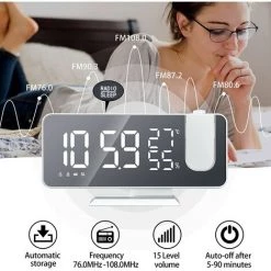 FUIENKO Réveil Numérique LED, Horloge électronique De Table, Horloge De Bureau, Réveil USB, Radio FM, Projecteur De Temps, 2 Alarmes,Black Frame White -Lampe Soldes Boutique 68801688 4