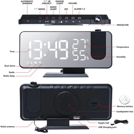 FUIENKO Réveil à Projection Numérique, Radio FM Et USB, Minuterie Avec Rétroéclairage, Projecteur LED, Réveil Avec Thermomètre De Température,Black,France 2 FUIENKO Réveil à Projection Numérique, Radio FM Et USB, Minuterie Avec Rétroéclairage, Projecteur LED, Réveil Avec Thermomètre De Température,Black,France – Image 2