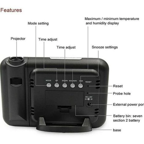 FUIENKO Alarme Numérique à Affichage Rétroéclairé Led, Affichage De La Projection, Réveil, Support Snooze, Température, Thermomètre, Calendrier D'humidité,B 5 FUIENKO Alarme Numérique à Affichage Rétroéclairé Led, Affichage De La Projection, Réveil, Support Snooze, Température, Thermomètre, Calendrier D'humidité,B – Image 5