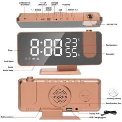FUIENKO Réveil électronique à Projection USB, Alarme Intelligente, Affichage De L'humidité, Décoration De Bureau, Radio FM, Projecteur De Temps, Réveil Numérique à LED,Tyrant Gold -Lampe Soldes Boutique 68802535 4